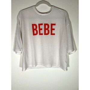 BEBE sport white mesh short slv oversized pink logo shirt sz L retro athletic